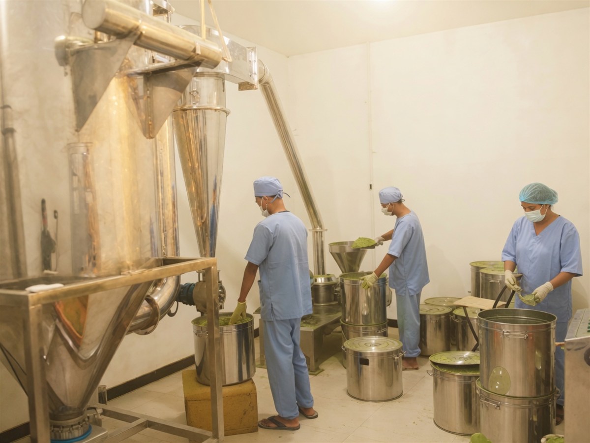 Workers filling steel drums with moringa powder beside a stainless spray dryer