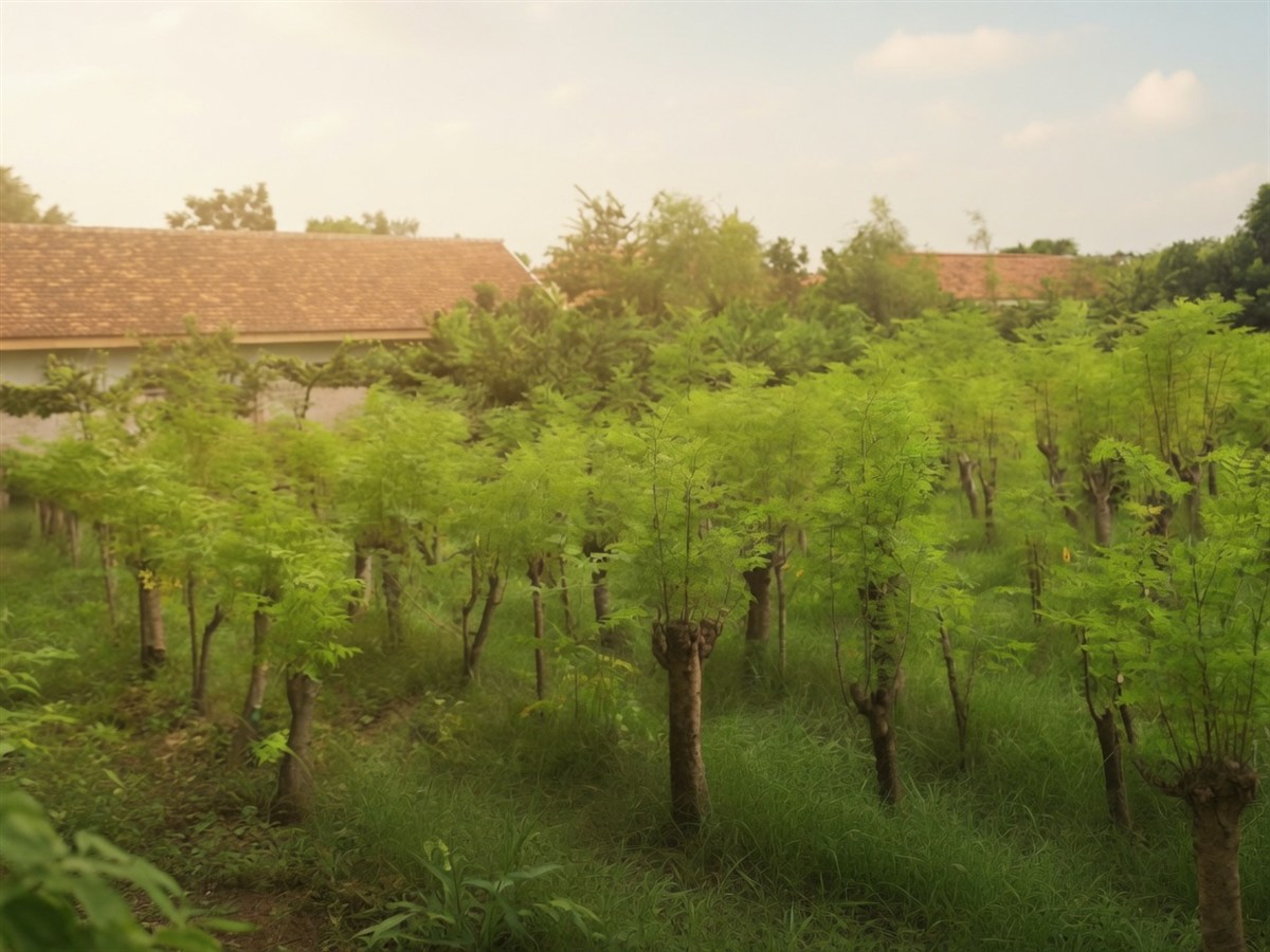 Kelor (moringa) groves in Sumenep, Madura, with village terracotta roofs beyond the trees