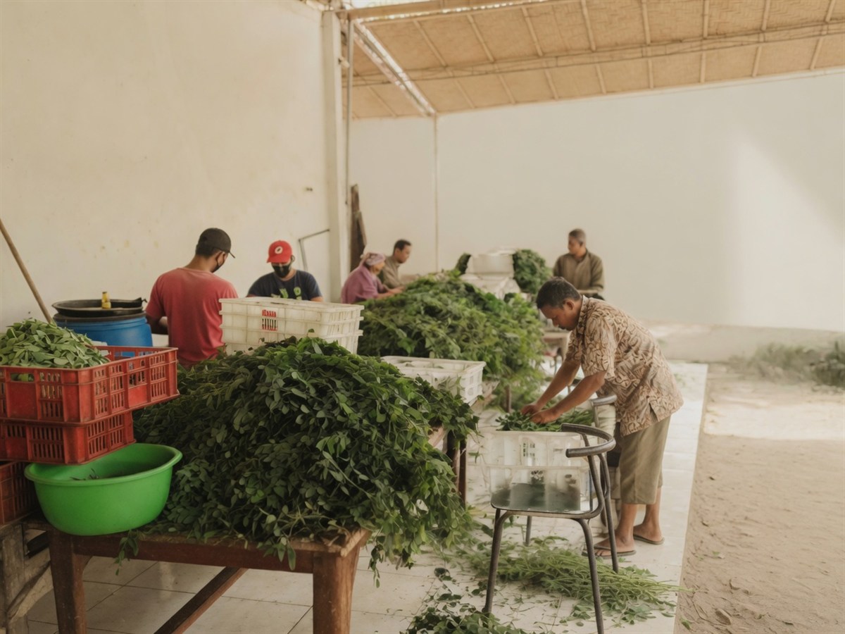 Farm workers sorting freshly harvested kelor leaves into crates under a village canopy