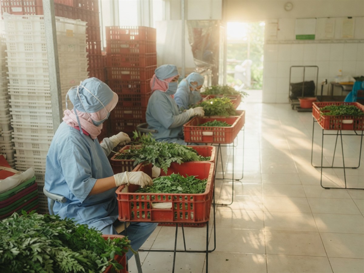 Workers in light-blue hygienic uniforms sorting moringa leaves in red crates